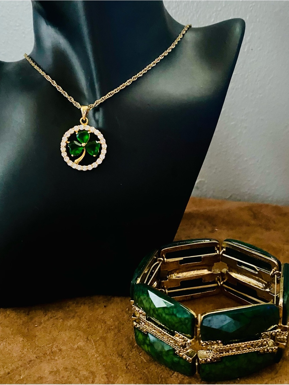 Gold-Tone Green Clover Pendant Necklace w/ Crystal Halo & Chunky Panel Bracelet